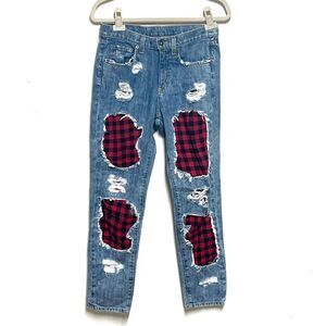 Car Mar Carmar Distressed Patchwork Buffalo Plaid Jeans Womens Sz 24 RARE